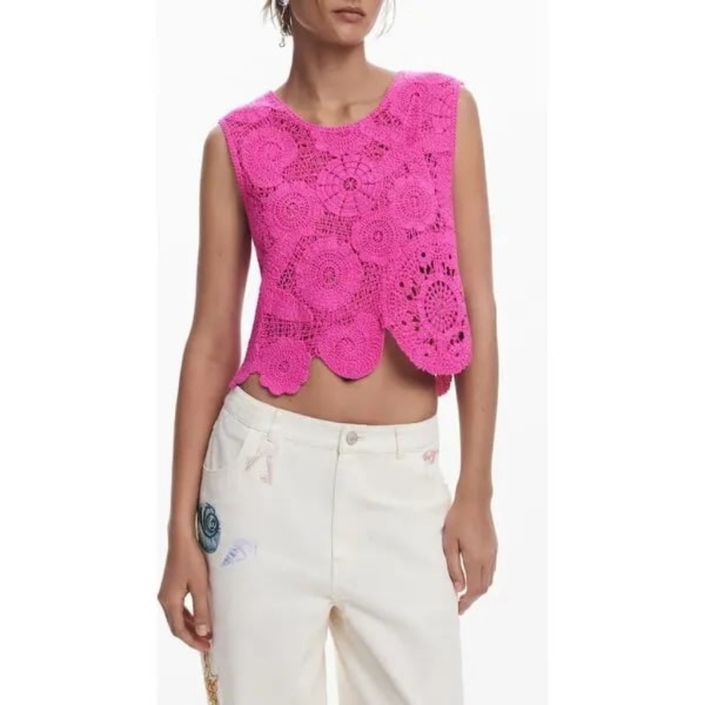 Desigual Crochet Cover Up Crop Top Pink Boho Resort Swim size Small S